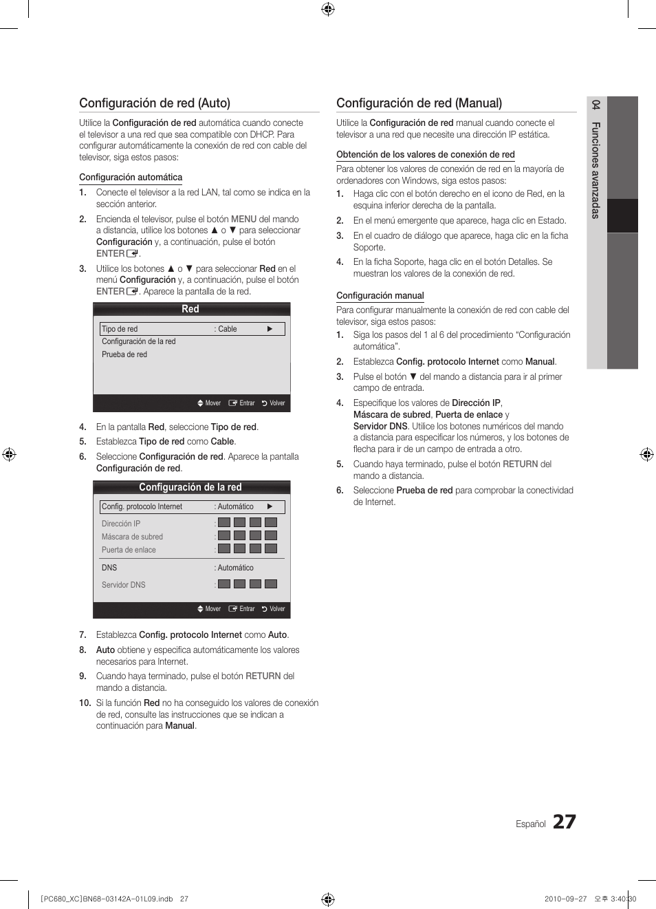 Configuración de red (auto), Configuración de red (manual) | Samsung PS50C680G5W User Manual | Page 289 / 474