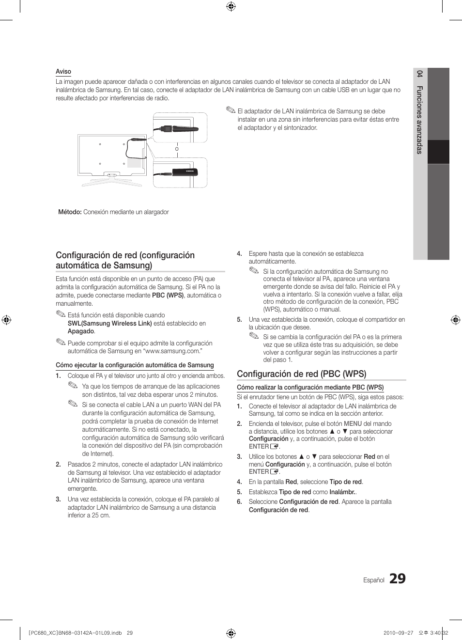 Configuración de red (pbc (wps) | Samsung PS50C680G5W User Manual | Page 291 / 474