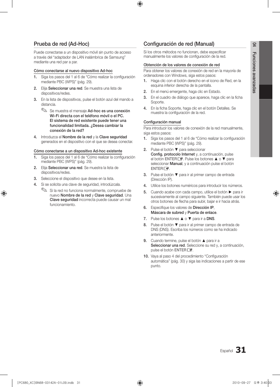 Prueba de red (ad-hoc), Configuración de red (manual) | Samsung PS50C680G5W User Manual | Page 293 / 474