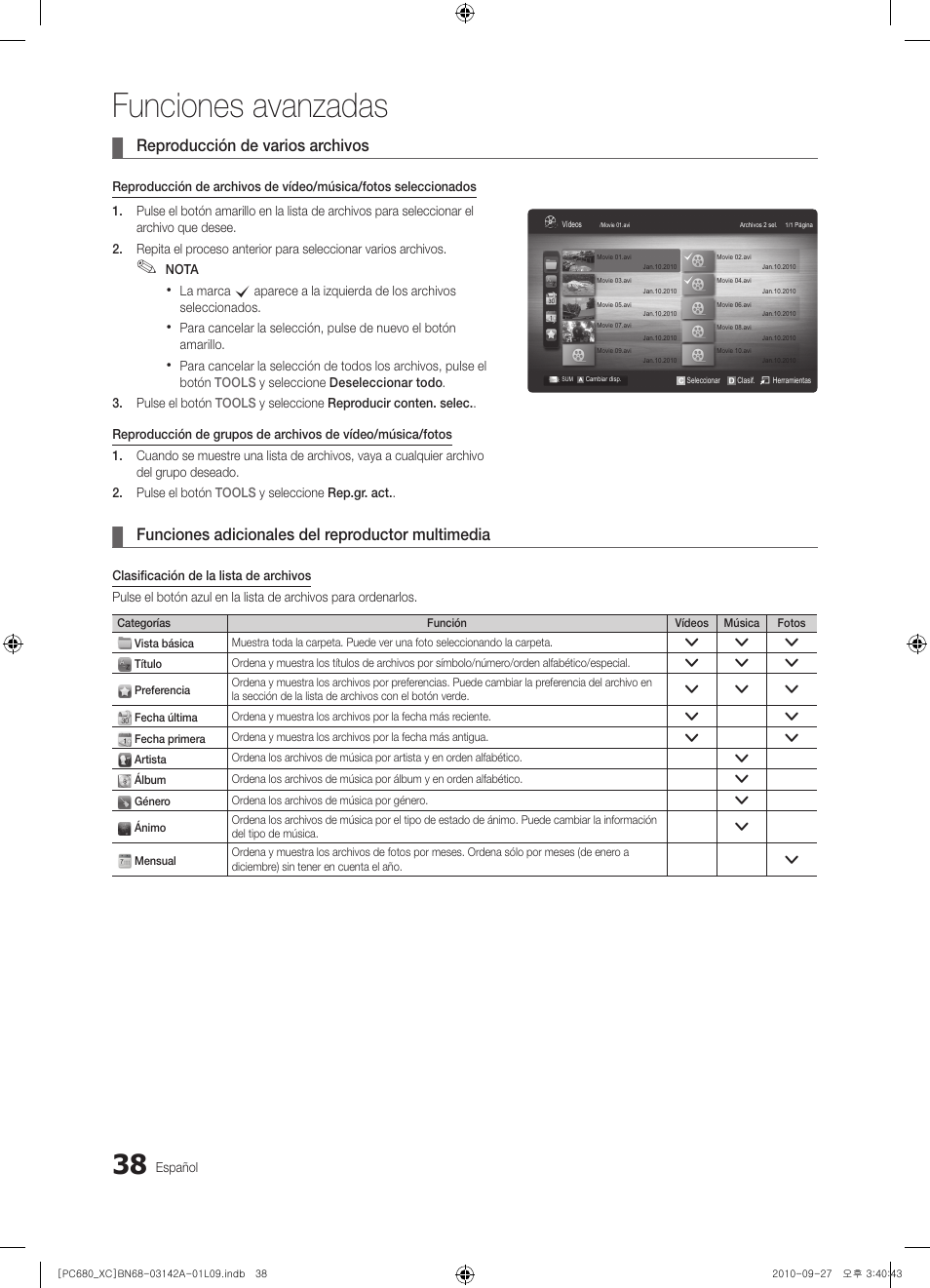 Funciones avanzadas, Reproducción de varios archivos, Funciones adicionales del reproductor multimedia | Samsung PS50C680G5W User Manual | Page 300 / 474