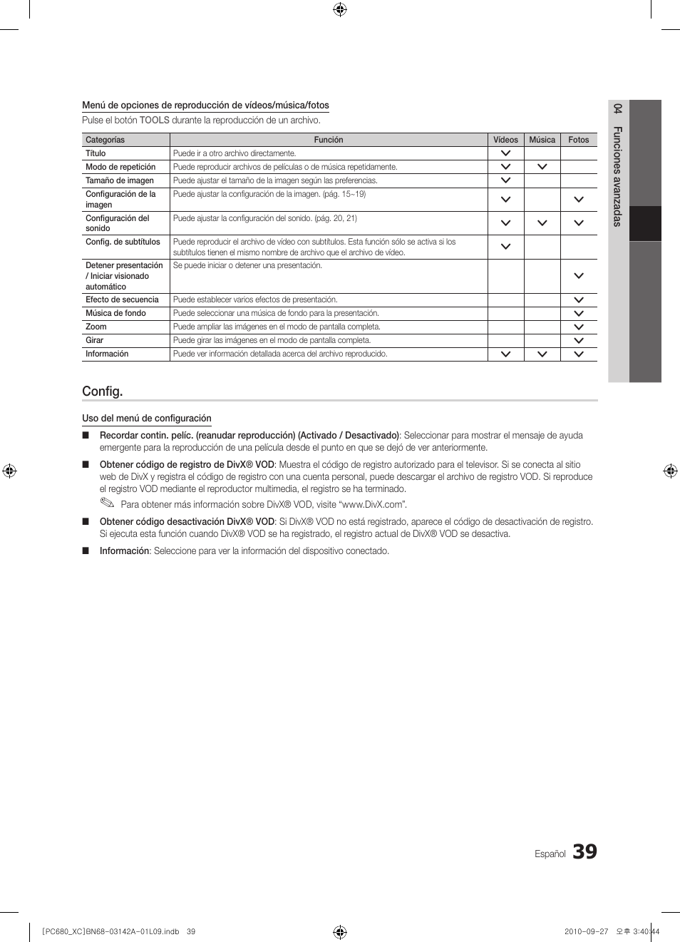 Config | Samsung PS50C680G5W User Manual | Page 301 / 474