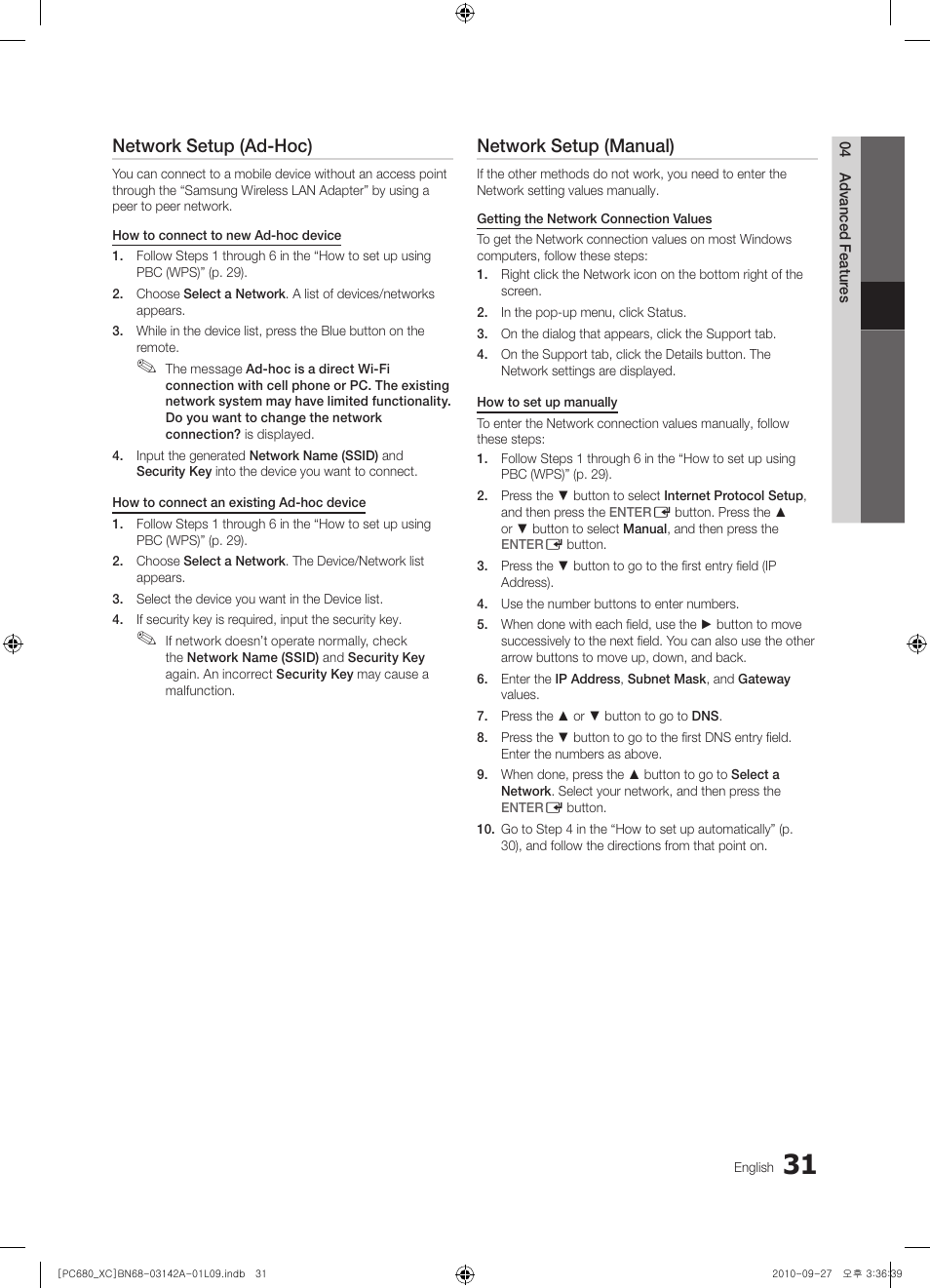 Network setup (ad-hoc), Network setup (manual) | Samsung PS50C680G5W User Manual | Page 31 / 474