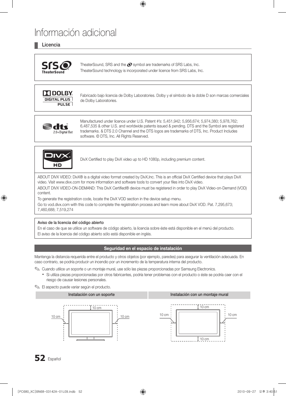 Información adicional | Samsung PS50C680G5W User Manual | Page 314 / 474