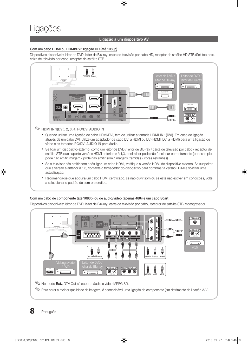 Ligações, Ligação a um dispositivo av, Português | Hdmi in 1(dvi), 2, 3, 4, pc/dvi audio in, Vcr leitor de dvd / leitor de blu-ray, Videogravador / dvd | Samsung PS50C680G5W User Manual | Page 322 / 474