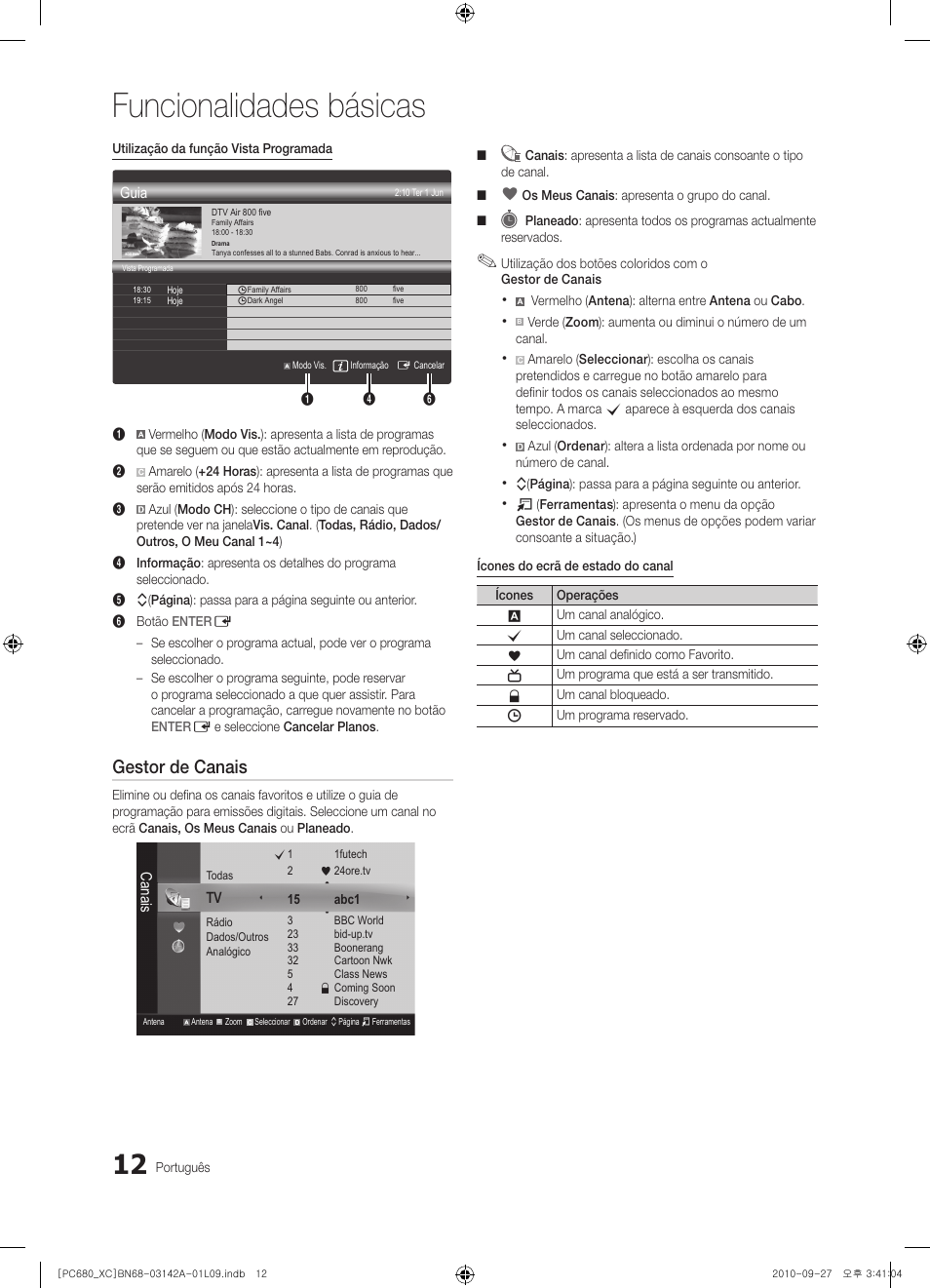 Funcionalidades básicas, Gestor de canais | Samsung PS50C680G5W User Manual | Page 326 / 474