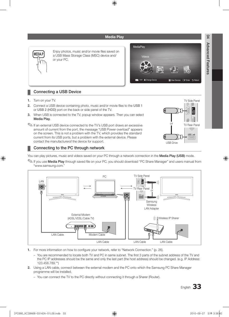 Connecting a usb device, Connecting to the pc through network | Samsung PS50C680G5W User Manual | Page 33 / 474