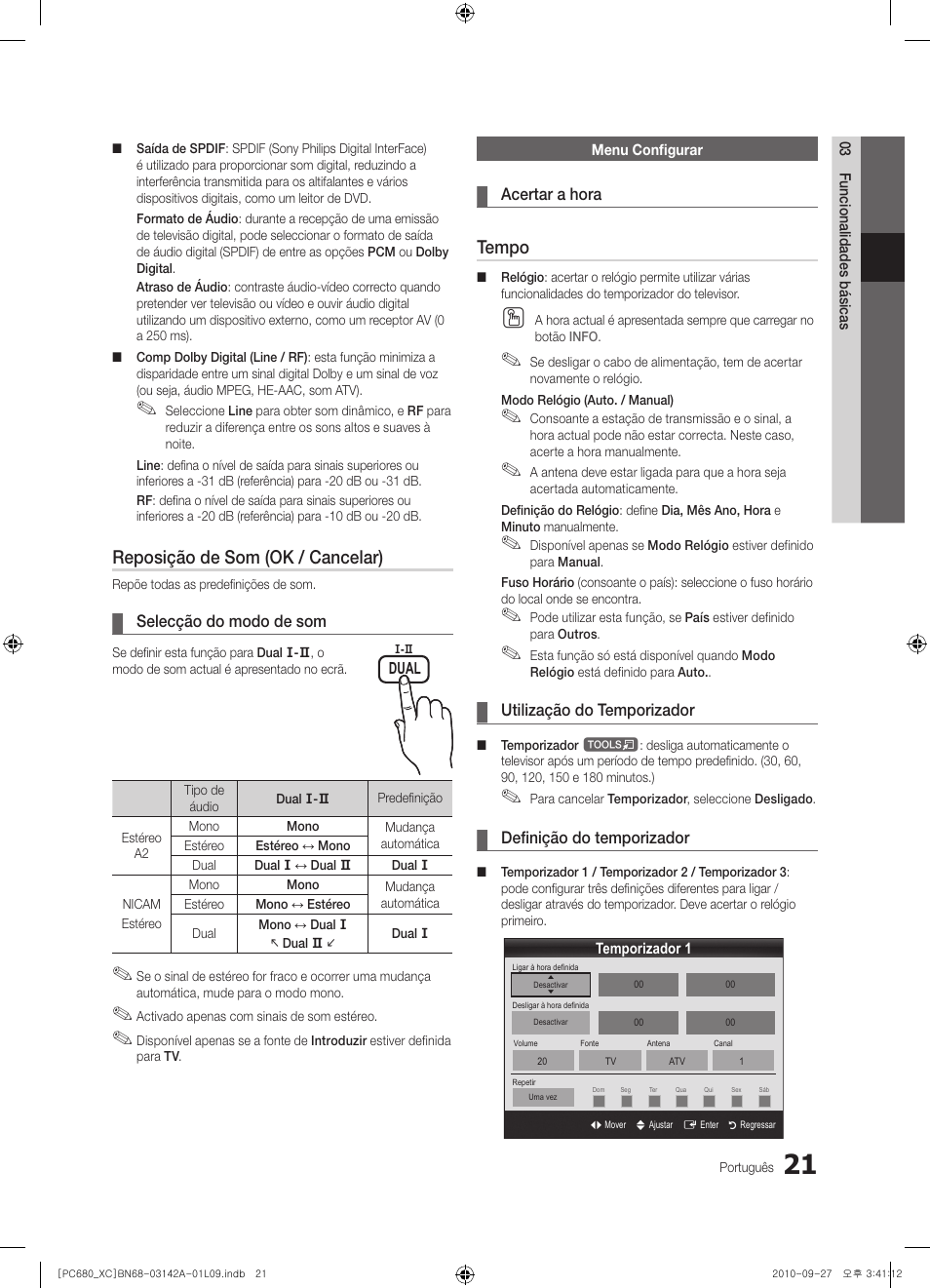 Reposição de som (ok / cancelar), Tempo | Samsung PS50C680G5W User Manual | Page 335 / 474