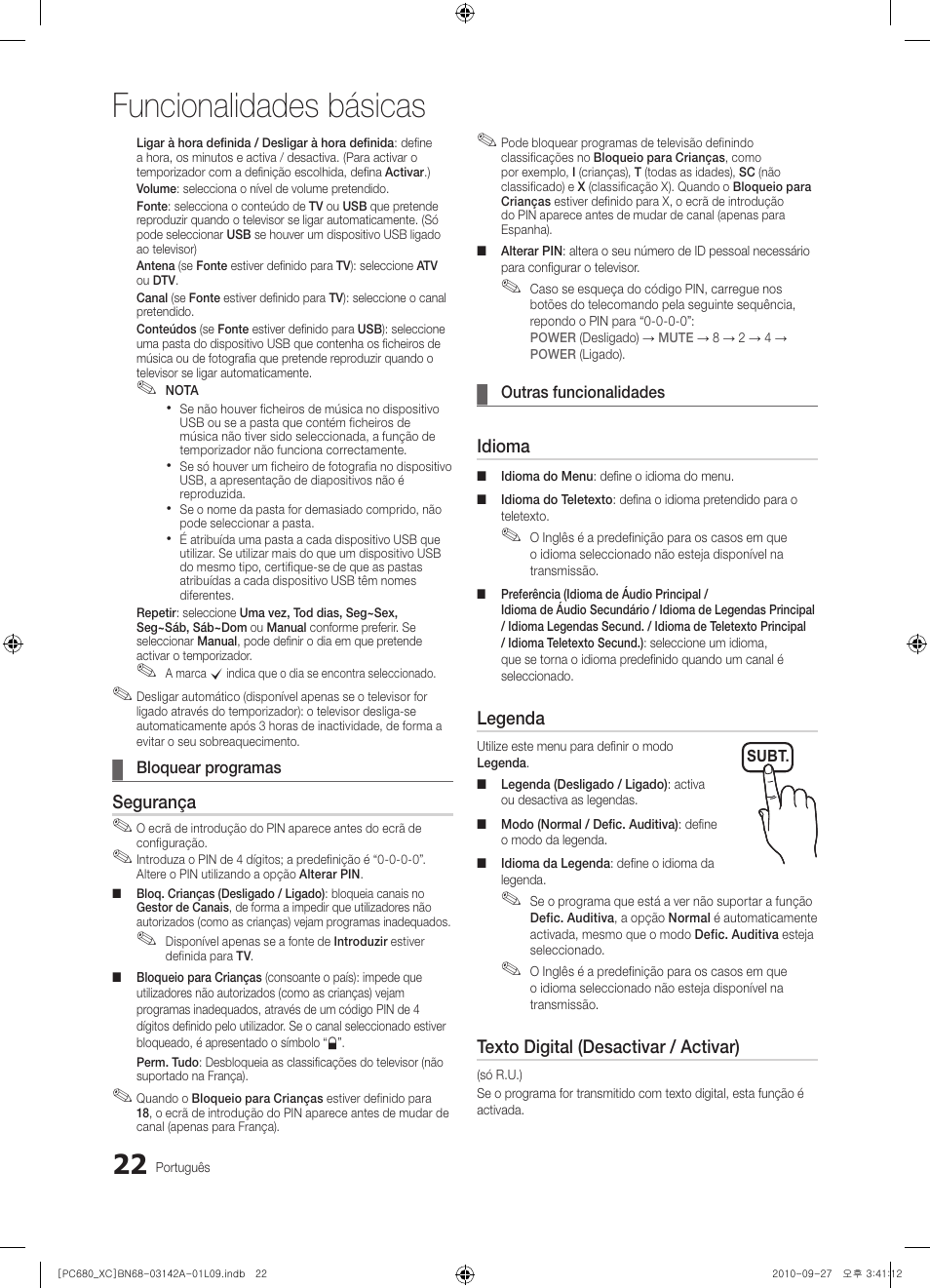 Funcionalidades básicas, Segurança, Idioma | Legenda, Texto digital (desactivar / activar) | Samsung PS50C680G5W User Manual | Page 336 / 474