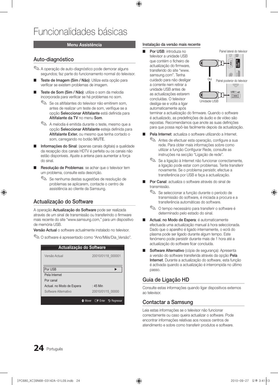 Funcionalidades básicas, Auto-diagnóstico, Actualização do software | Guia de ligação hd, Contactar a samsung | Samsung PS50C680G5W User Manual | Page 338 / 474