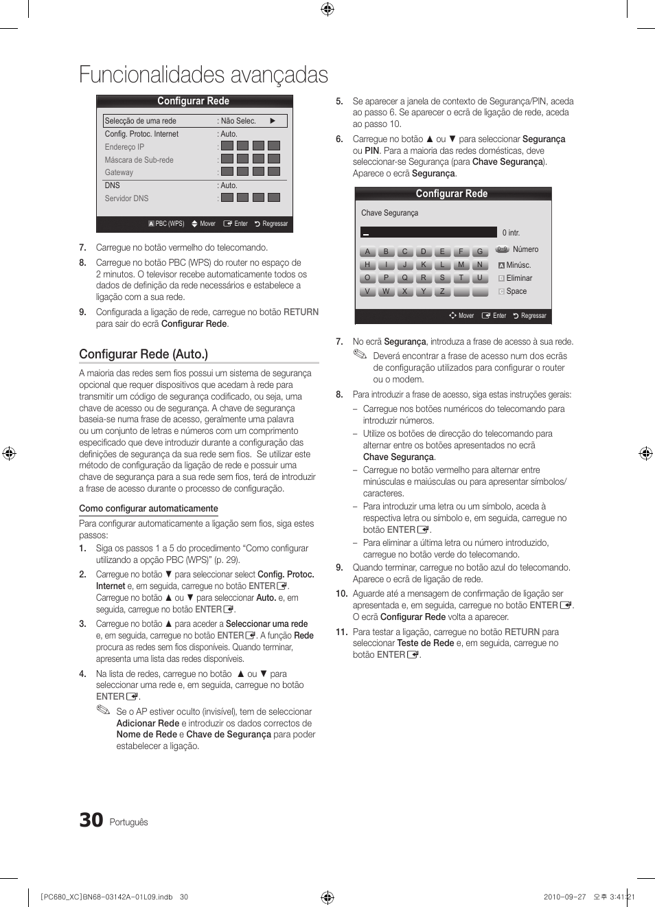 Funcionalidades avançadas, Configurar rede (auto.) | Samsung PS50C680G5W User Manual | Page 344 / 474
