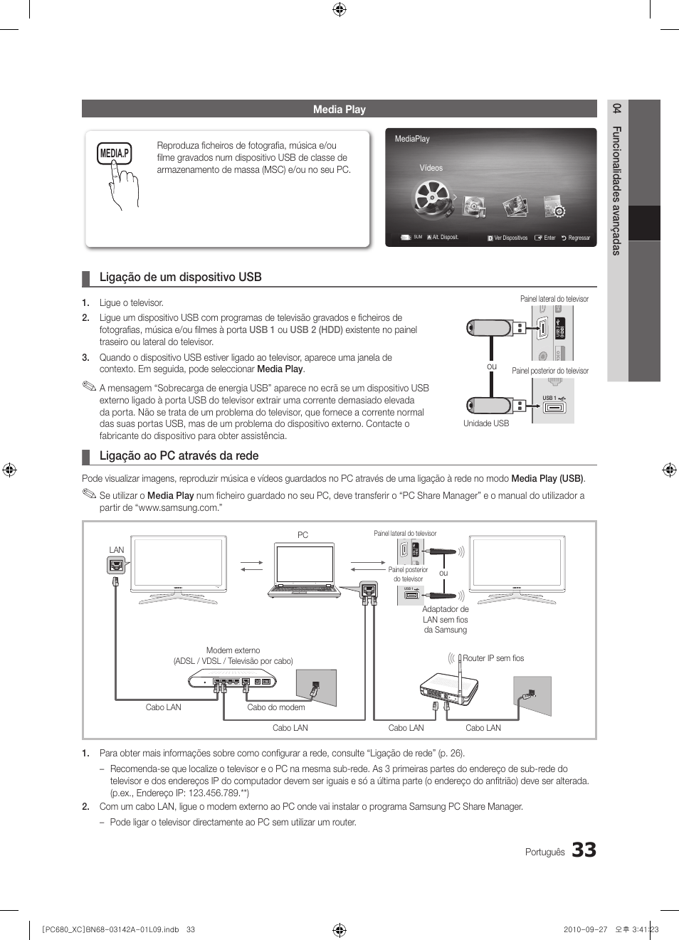 Ligação de um dispositivo usb, Ligação ao pc através da rede | Samsung PS50C680G5W User Manual | Page 347 / 474