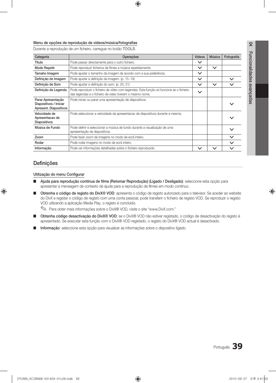 Definições | Samsung PS50C680G5W User Manual | Page 353 / 474
