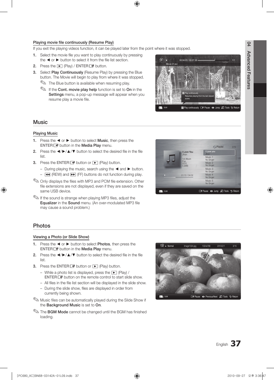 Music, Photos | Samsung PS50C680G5W User Manual | Page 37 / 474