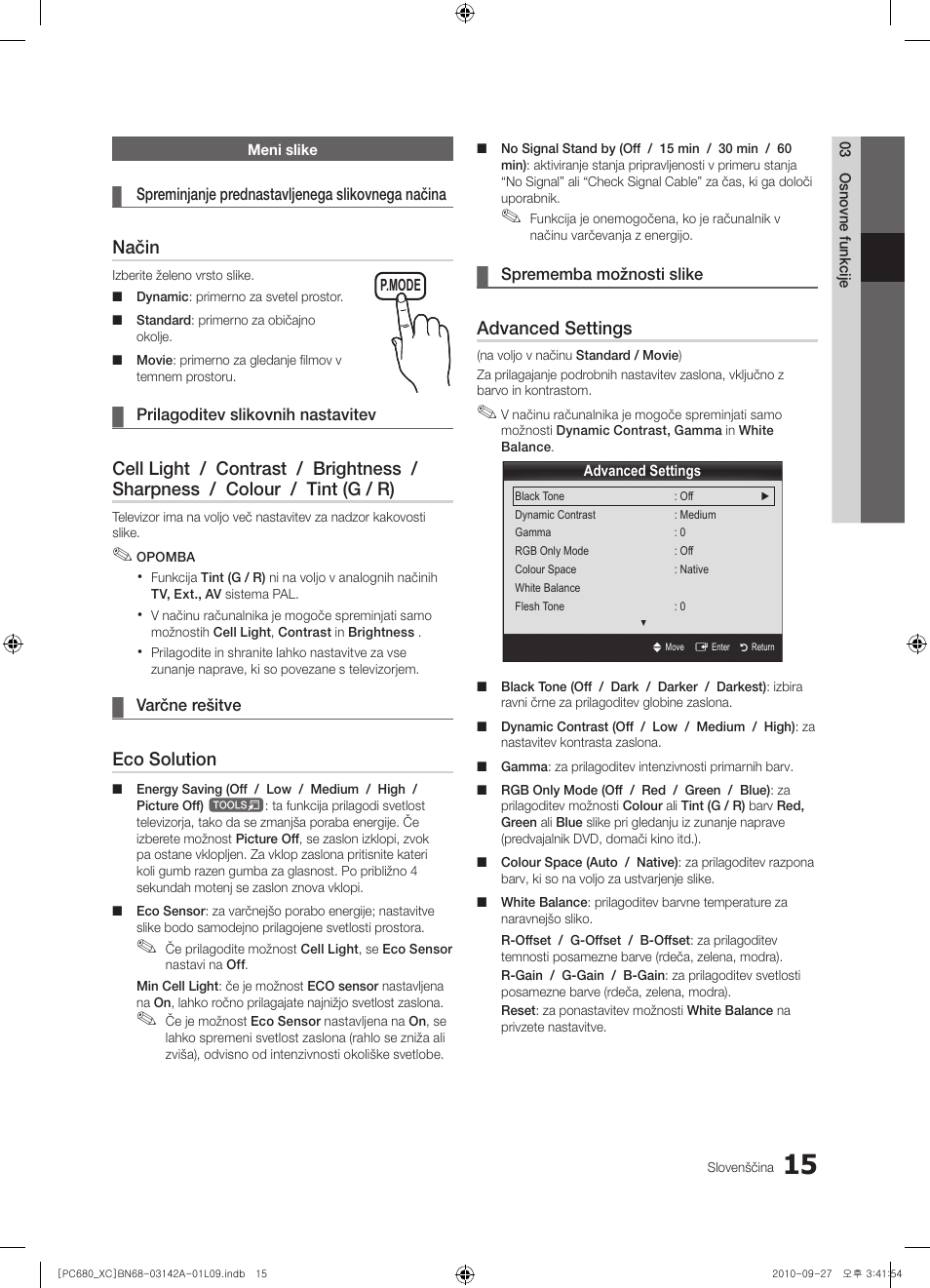 Način, Eco solution, Advanced settings | Samsung PS50C680G5W User Manual | Page 381 / 474