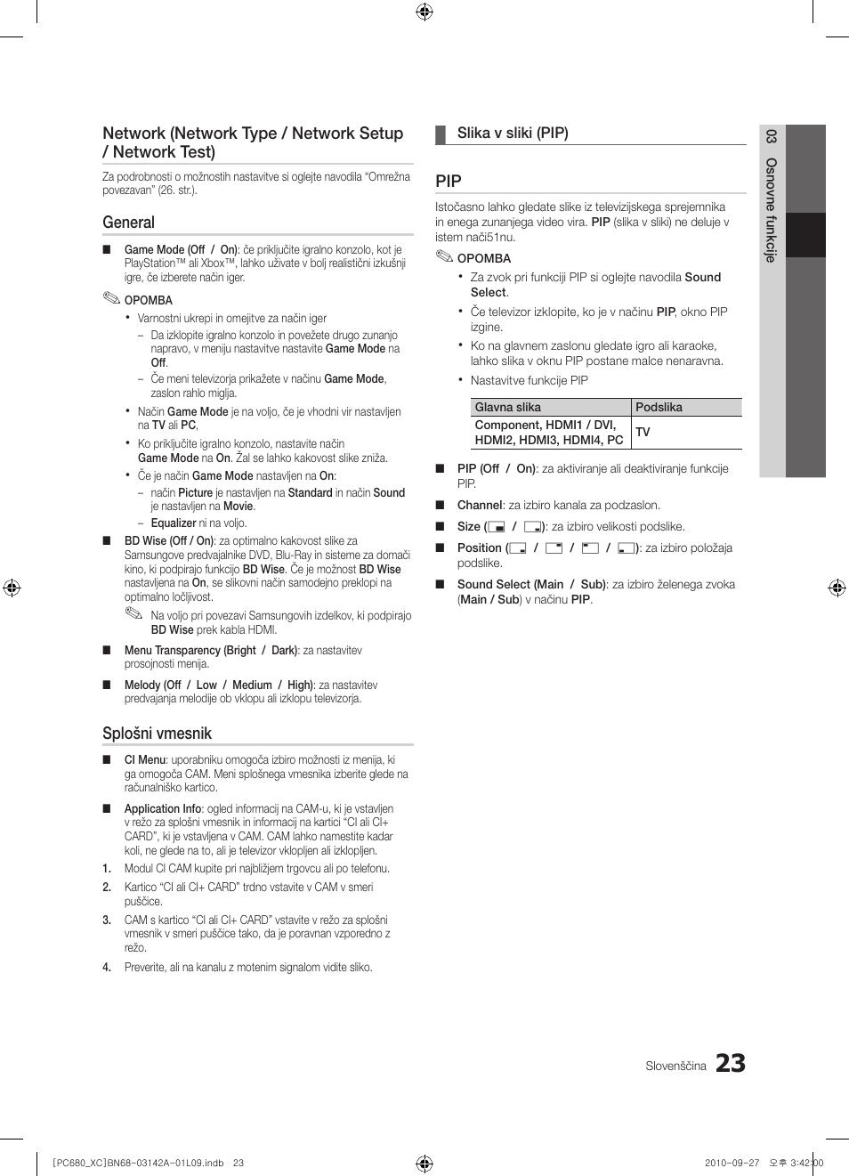 General, Splošni vmesnik | Samsung PS50C680G5W User Manual | Page 389 / 474
