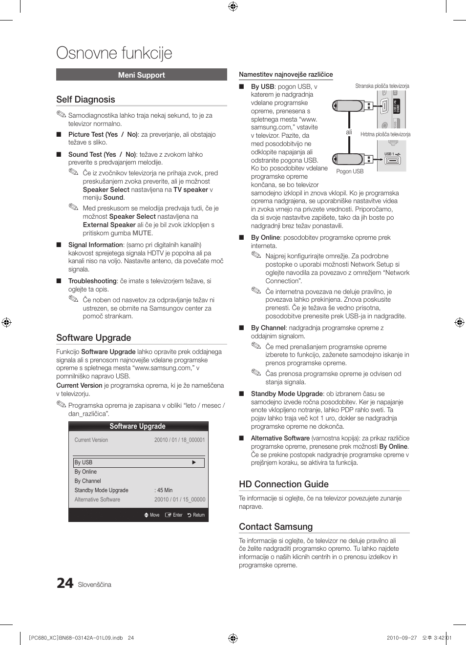 Osnovne funkcije, Self diagnosis, Software upgrade | Hd connection guide, Contact samsung | Samsung PS50C680G5W User Manual | Page 390 / 474