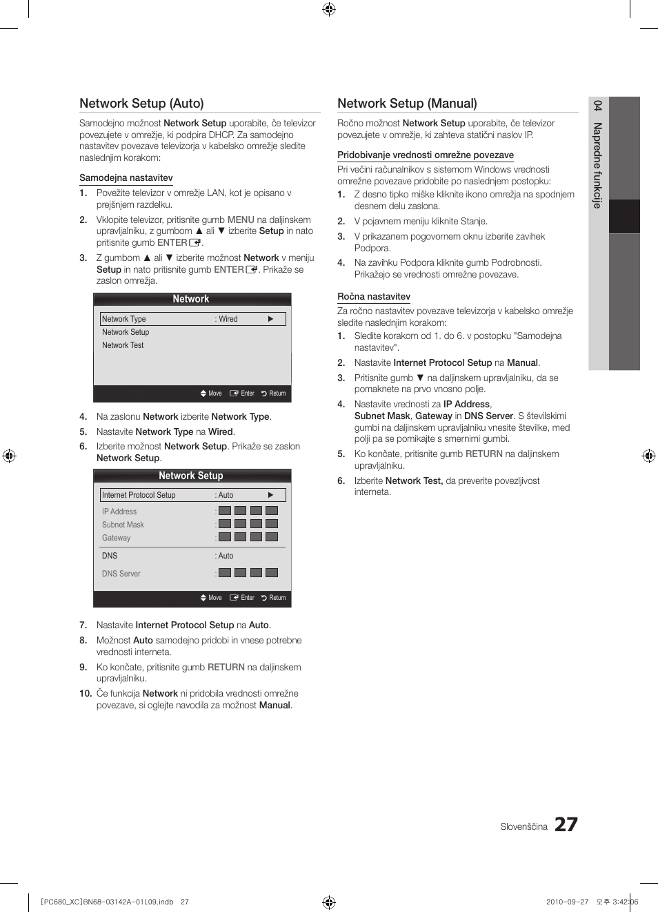 Network setup (auto), Network setup (manual) | Samsung PS50C680G5W User Manual | Page 393 / 474