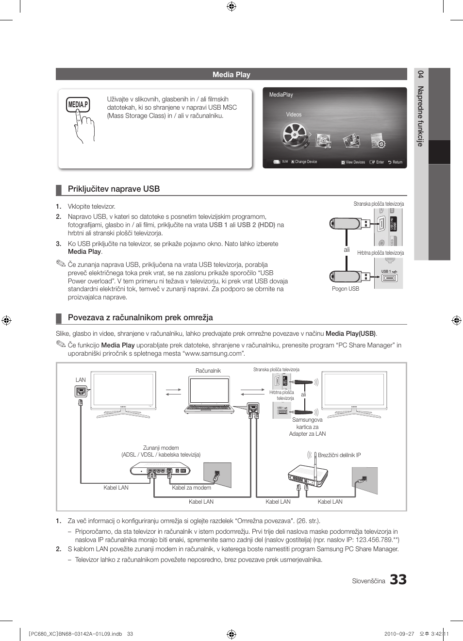 Priključitev naprave usb, Povezava z računalnikom prek omrežja | Samsung PS50C680G5W User Manual | Page 399 / 474