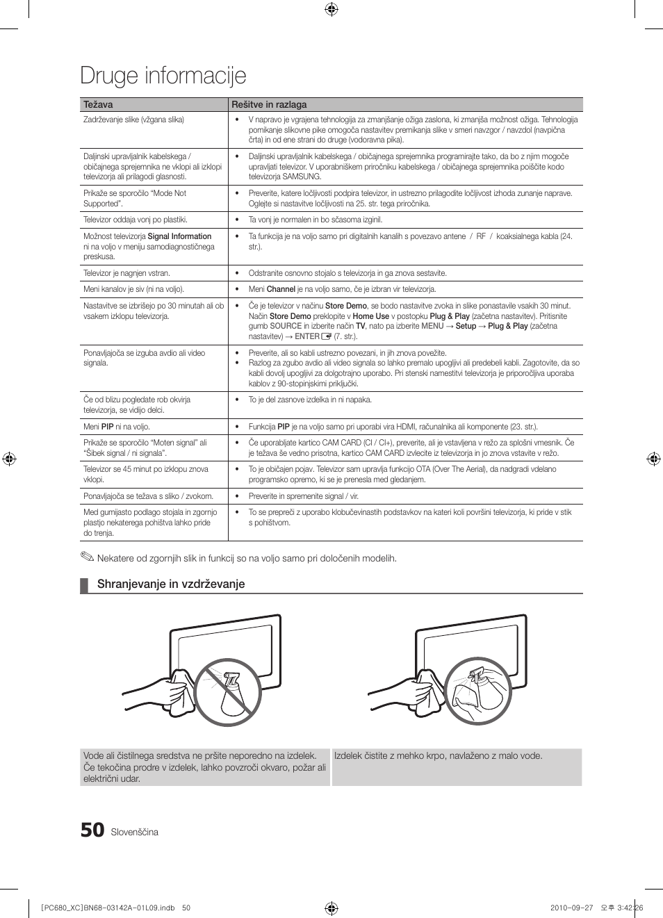 Druge informacije, Shranjevanje in vzdrževanje | Samsung PS50C680G5W User Manual | Page 416 / 474