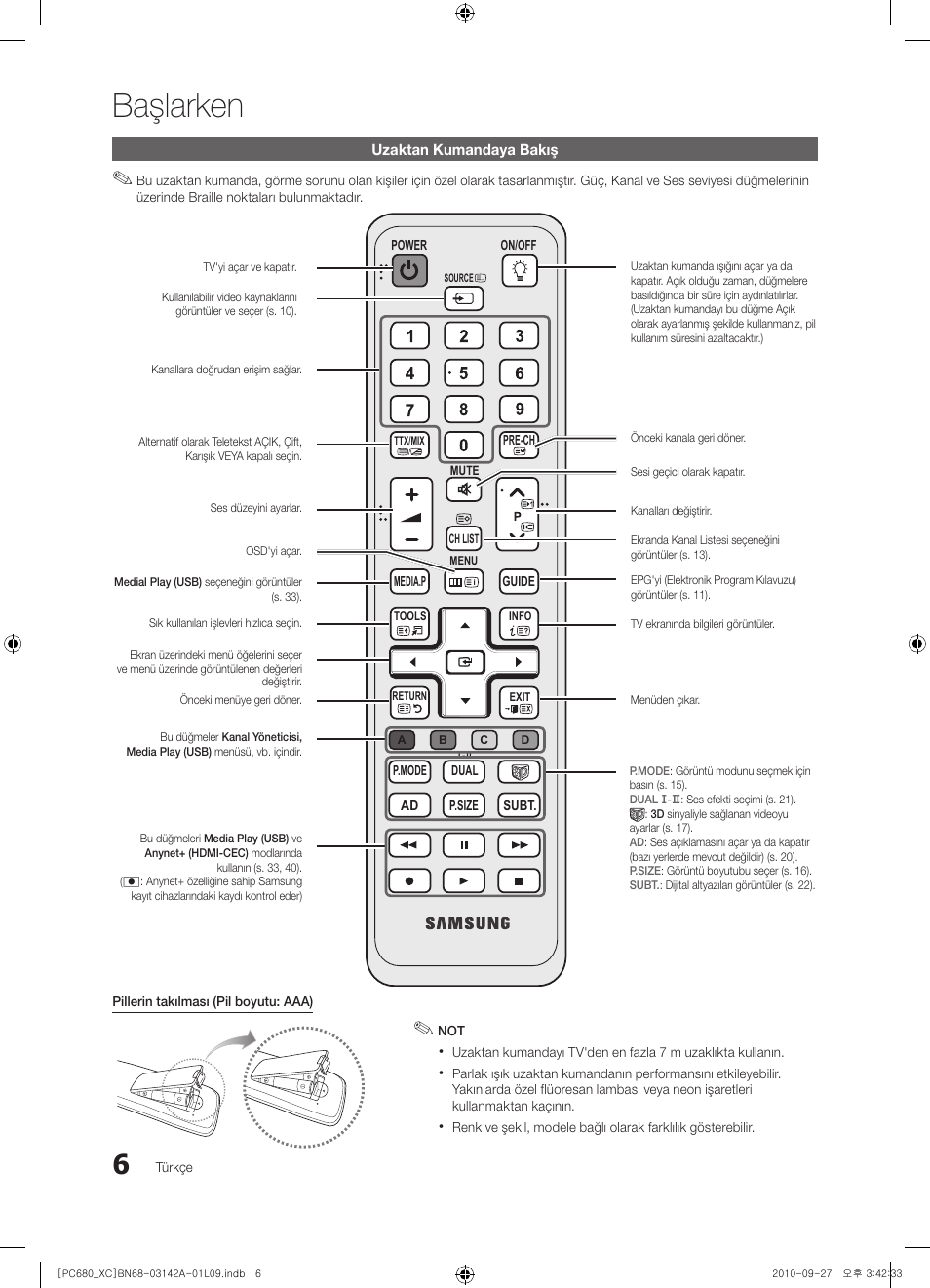 Başlarken | Samsung PS50C680G5W User Manual | Page 425 / 474