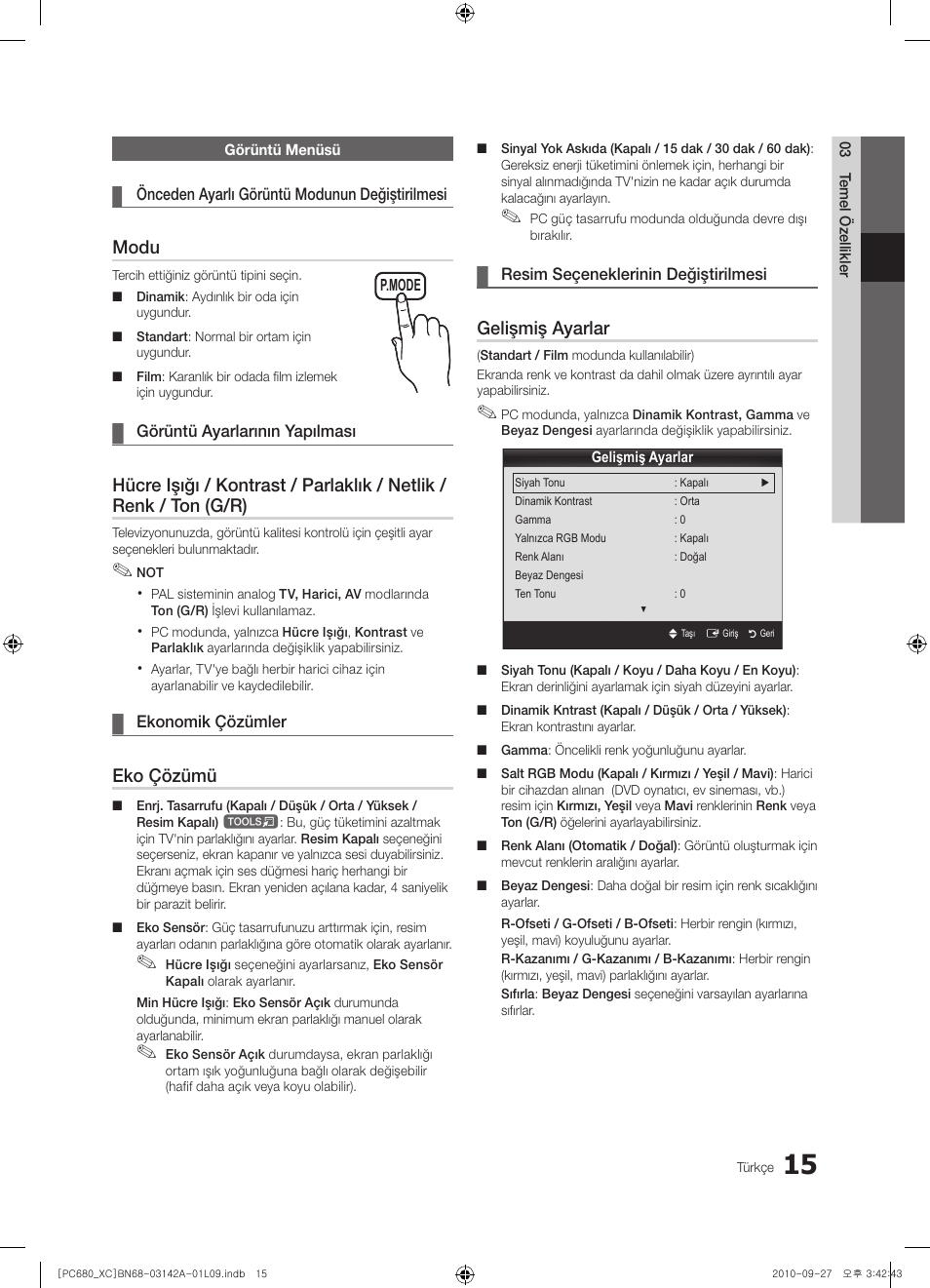 Modu, Eko çözümü, Gelişmiş ayarlar | Samsung PS50C680G5W User Manual | Page 434 / 474
