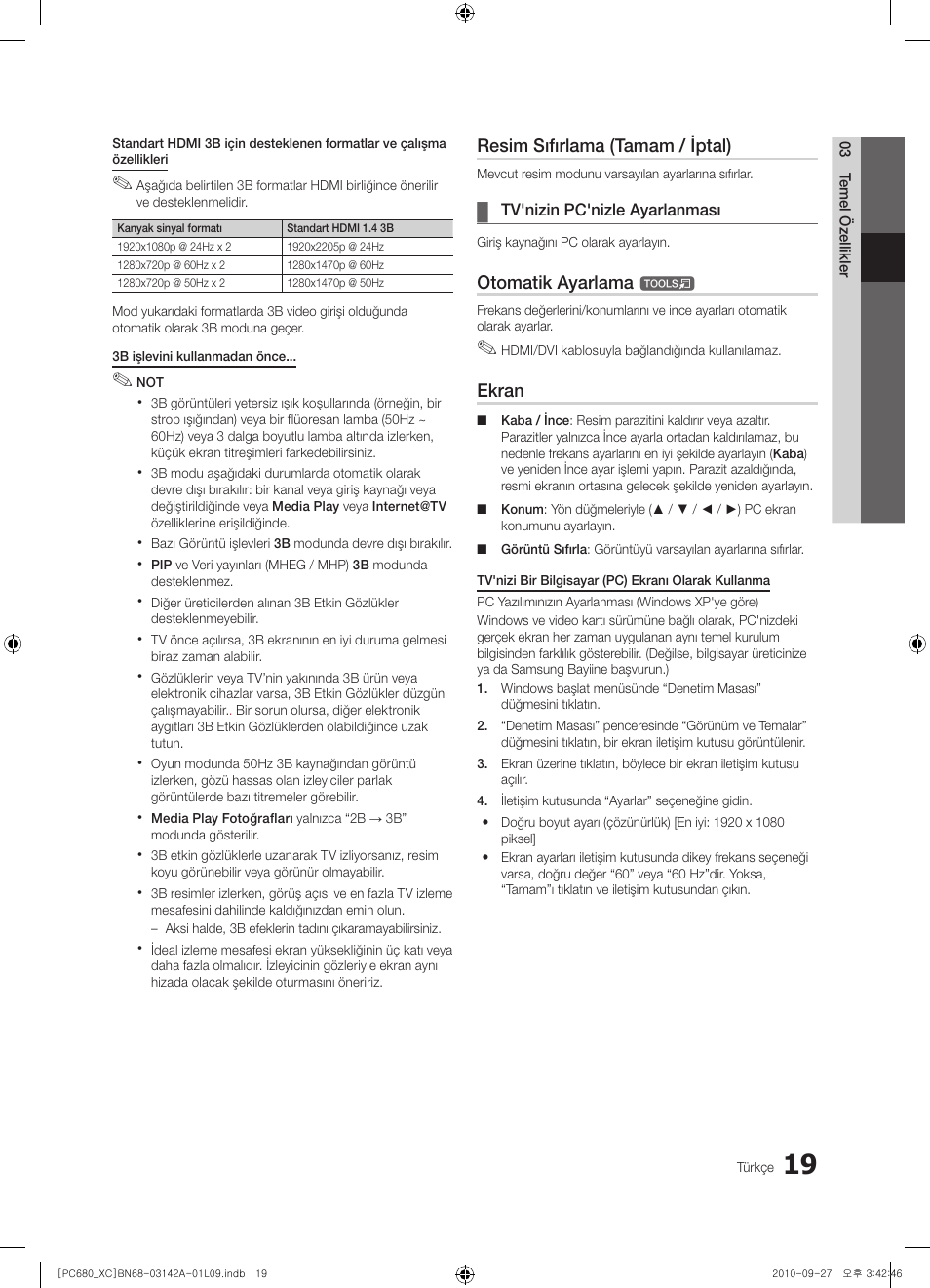Resim sıfırlama (tamam / iptal), Otomatik ayarlama, Ekran | Samsung PS50C680G5W User Manual | Page 438 / 474
