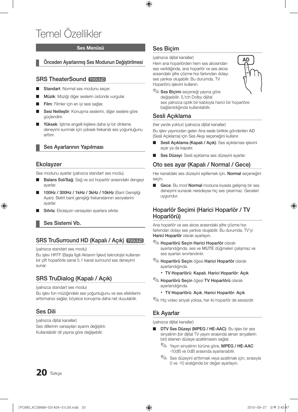 Temel özellikler | Samsung PS50C680G5W User Manual | Page 439 / 474