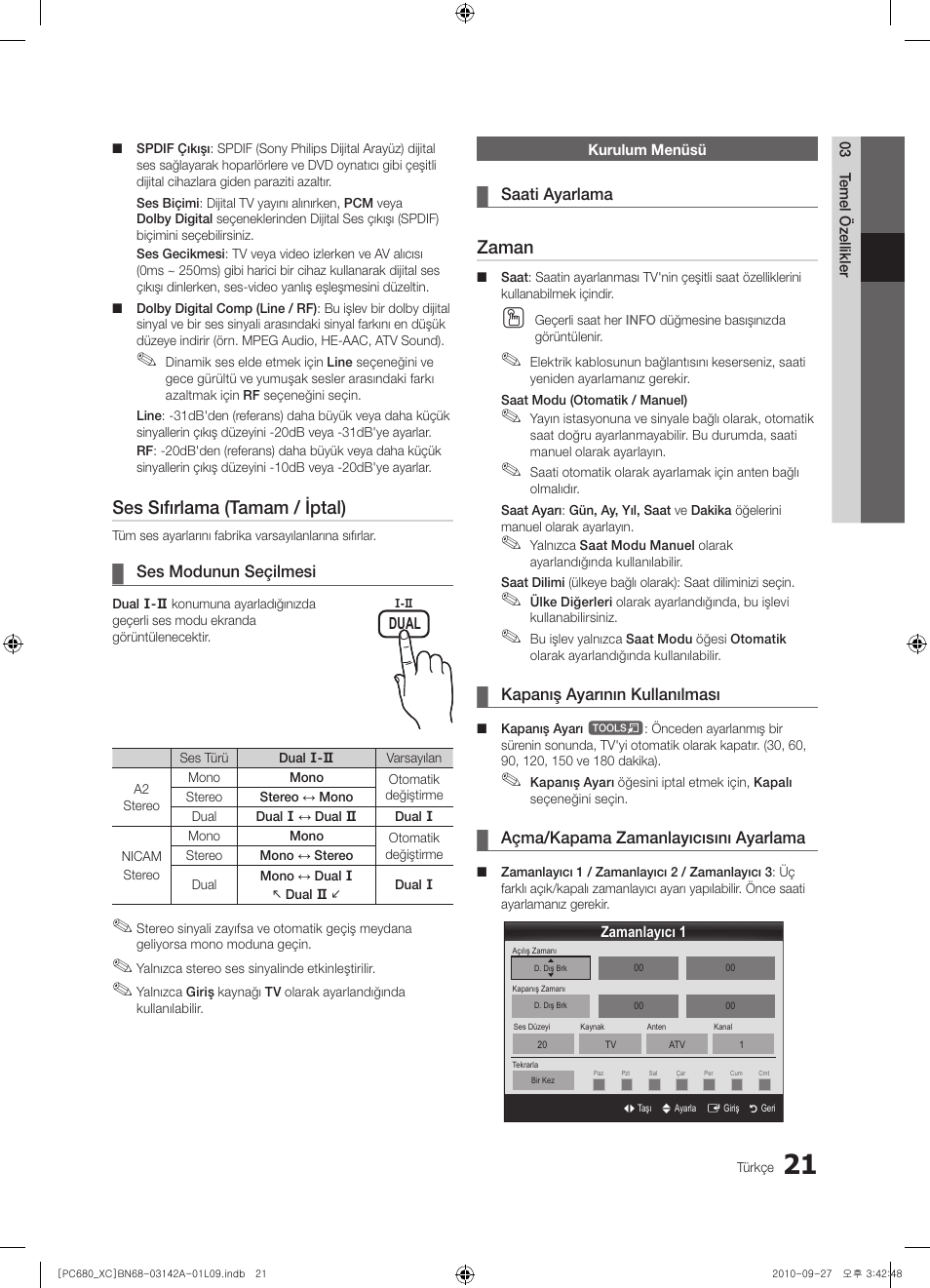 Ses sıfırlama (tamam / iptal), Zaman | Samsung PS50C680G5W User Manual | Page 440 / 474
