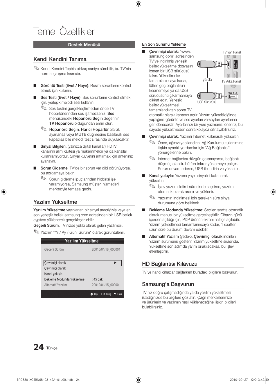 Temel özellikler, Kendi kendini tanıma, Yazılım yükseltme | Hd bağlantısı kılavuzu, Samsung'a başvurun | Samsung PS50C680G5W User Manual | Page 443 / 474