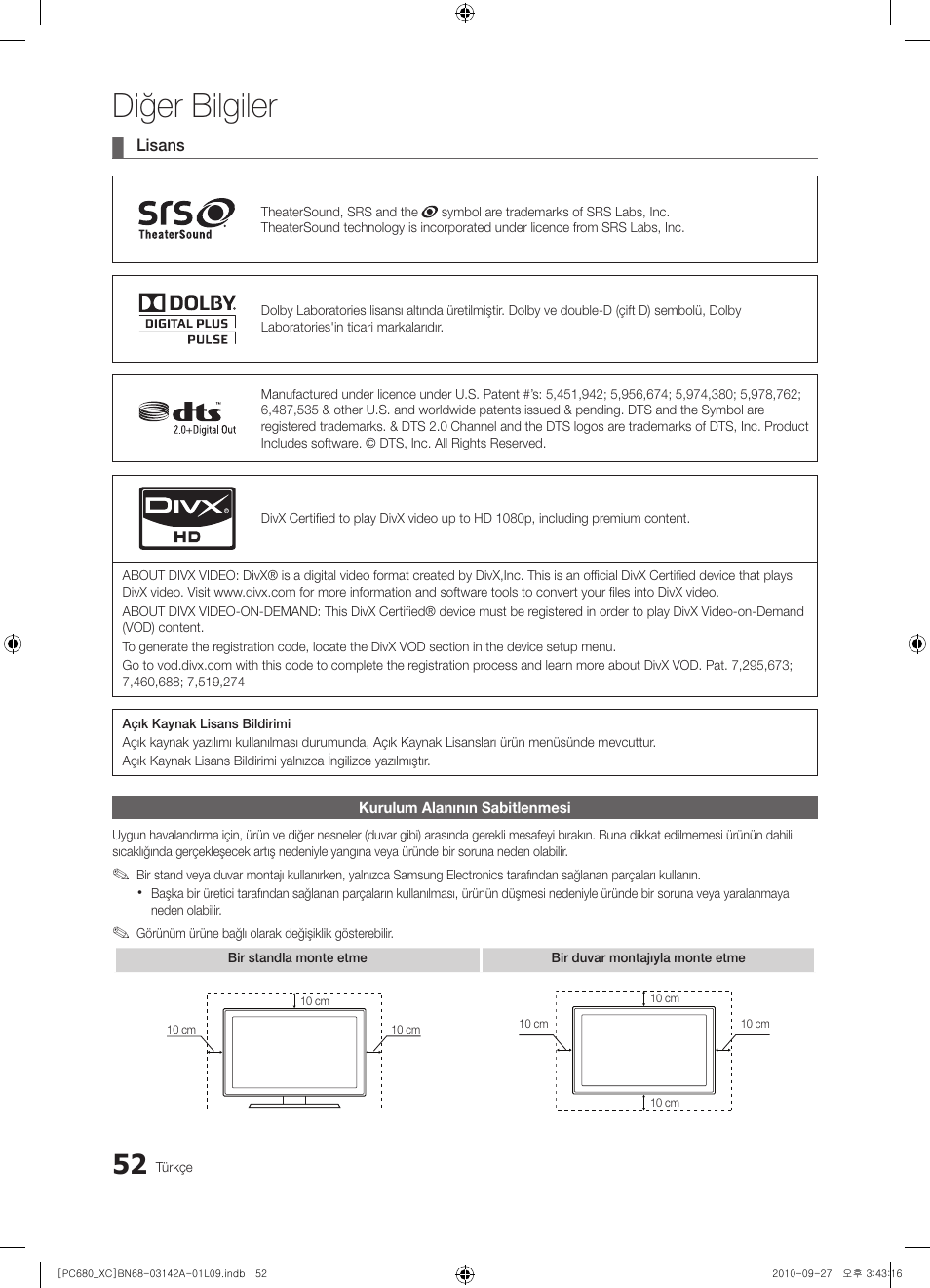 Diğer bilgiler | Samsung PS50C680G5W User Manual | Page 471 / 474