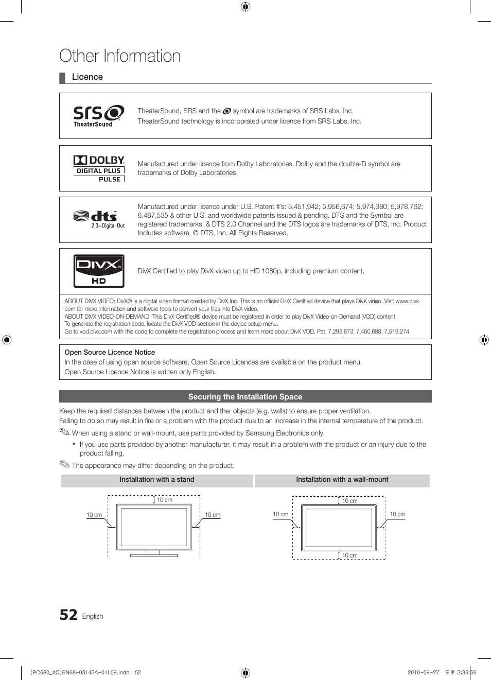 Other information | Samsung PS50C680G5W User Manual | Page 52 / 474