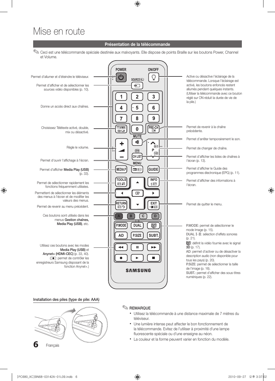 Mise en route | Samsung PS50C680G5W User Manual | Page 58 / 474