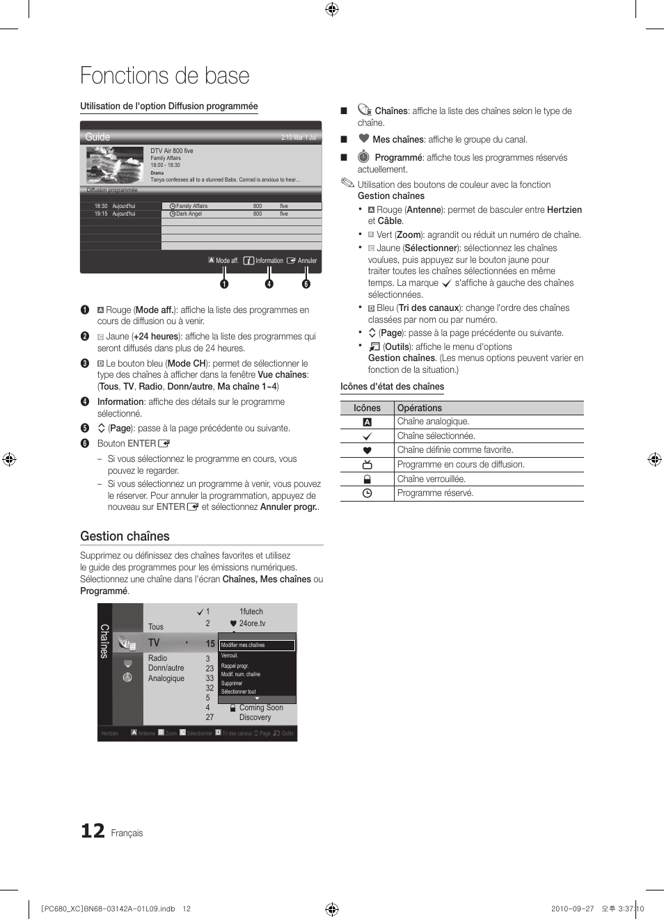 Fonctions de base, Gestion chaînes | Samsung PS50C680G5W User Manual | Page 64 / 474