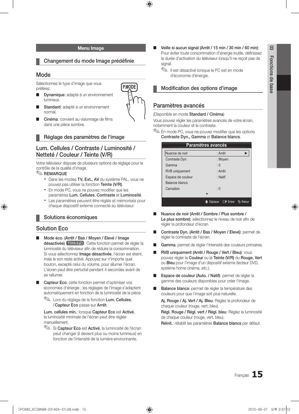 Mode, Solution eco, Paramètres avancés | Samsung PS50C680G5W User Manual | Page 67 / 474