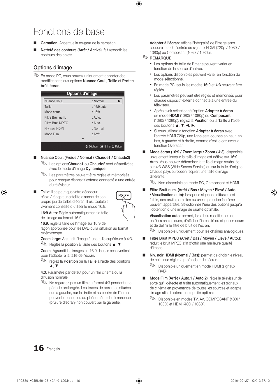 Fonctions de base | Samsung PS50C680G5W User Manual | Page 68 / 474