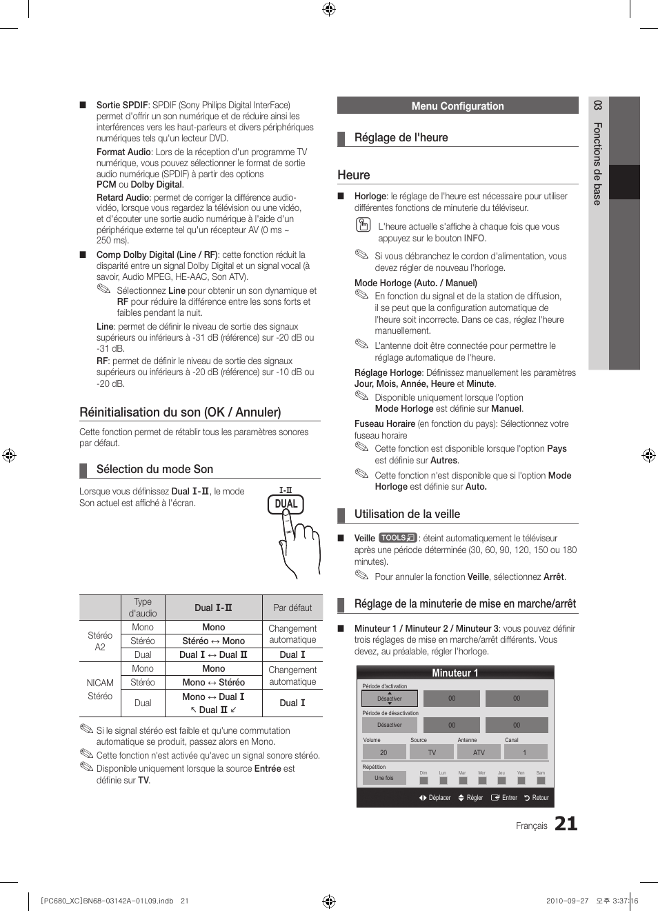 Réinitialisation du son (ok / annuler), Heure | Samsung PS50C680G5W User Manual | Page 73 / 474