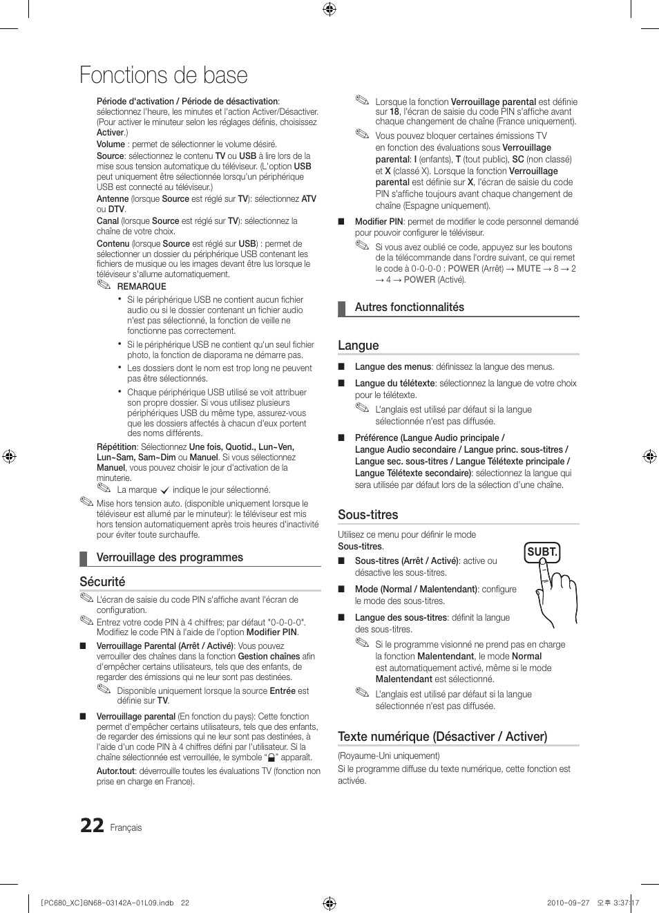 Fonctions de base, Sécurité, Langue | Sous-titres, Texte numérique (désactiver / activer) | Samsung PS50C680G5W User Manual | Page 74 / 474