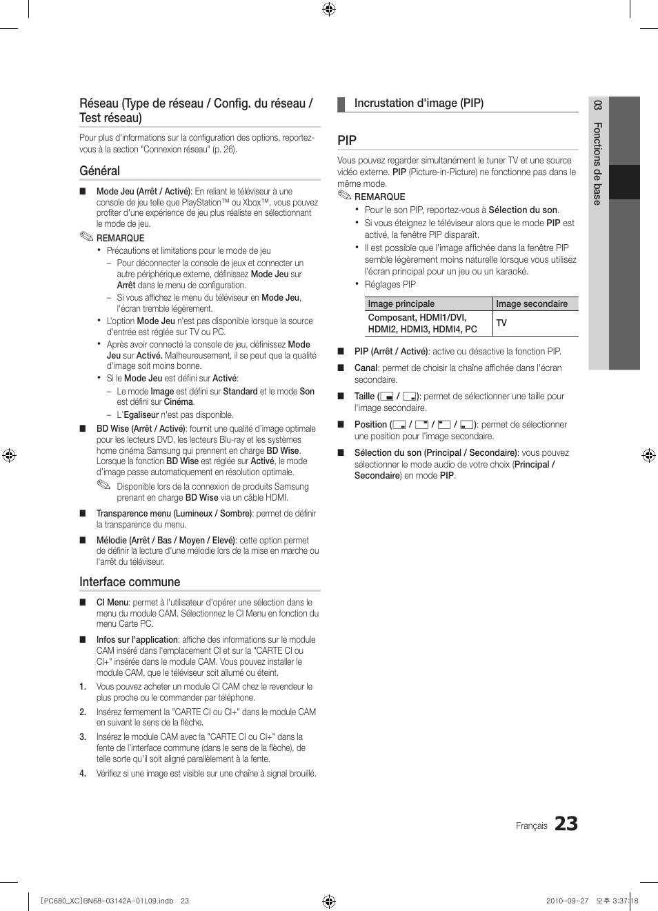 Général, Interface commune | Samsung PS50C680G5W User Manual | Page 75 / 474