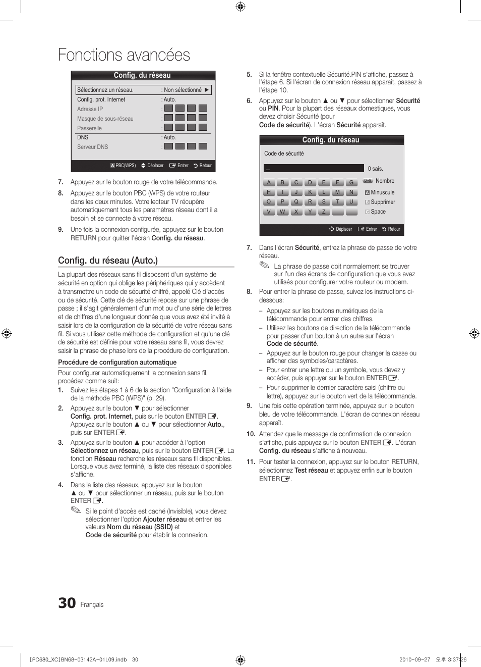 Fonctions avancées, Config. du réseau (auto.) | Samsung PS50C680G5W User Manual | Page 82 / 474