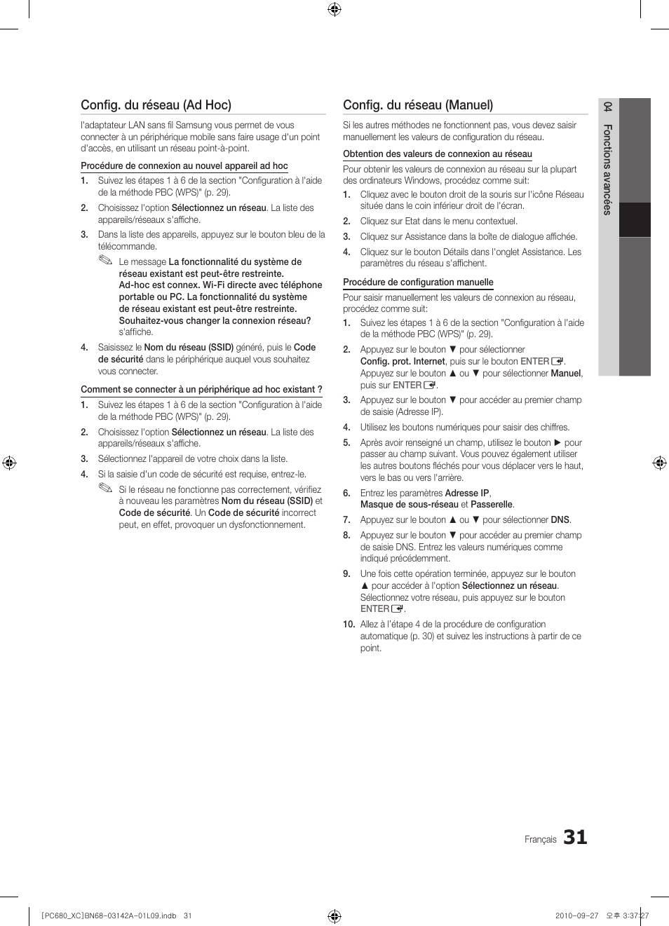 Config. du réseau (ad hoc), Config. du réseau (manuel) | Samsung PS50C680G5W User Manual | Page 83 / 474