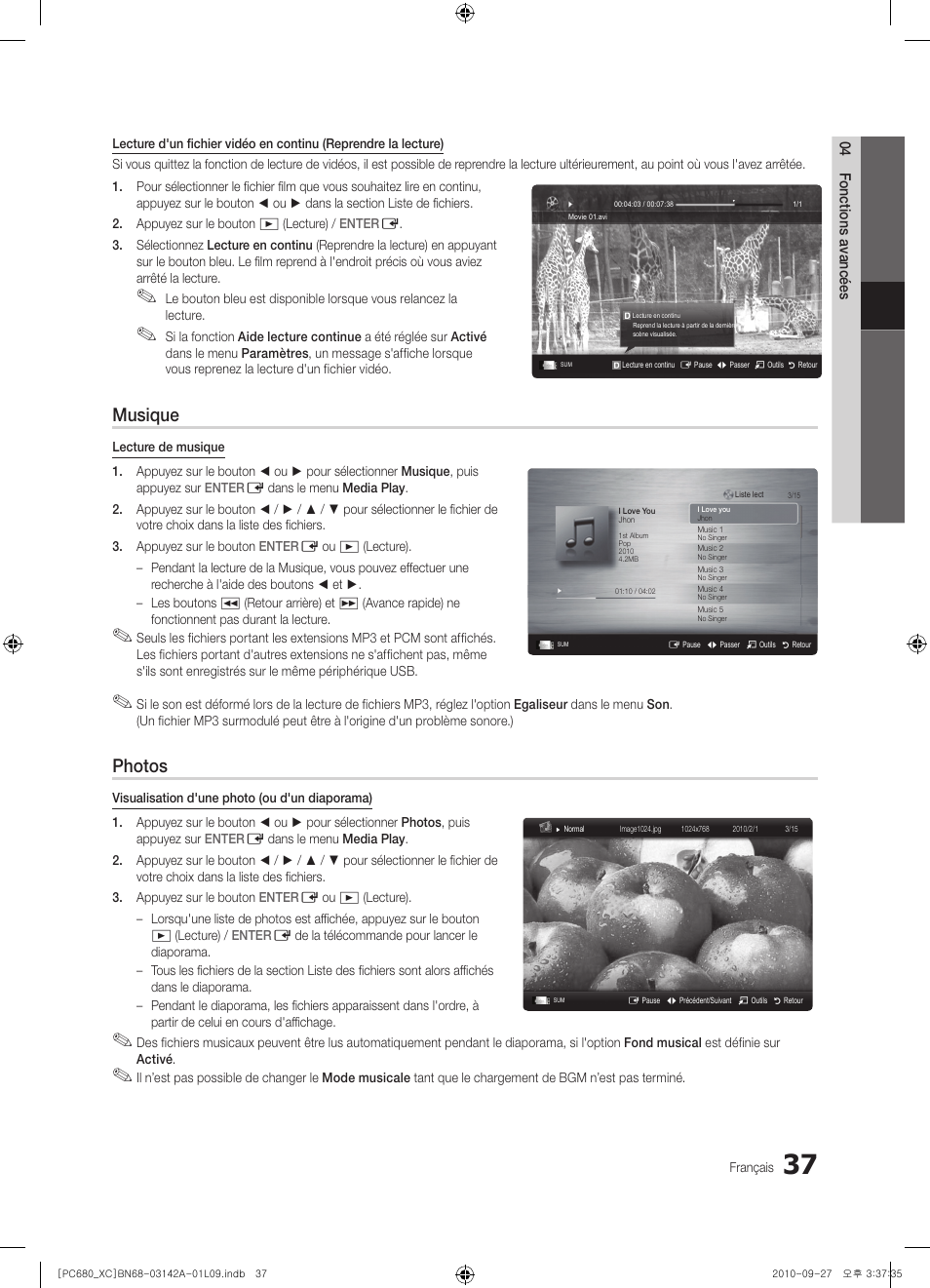 Musique, Photos | Samsung PS50C680G5W User Manual | Page 89 / 474