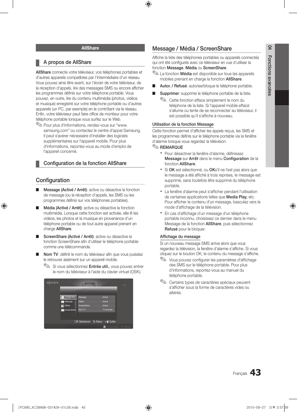Configuration, Message / média / screenshare | Samsung PS50C680G5W User Manual | Page 95 / 474
