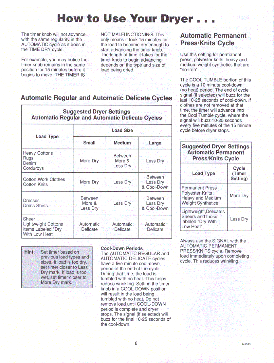 Automatic permanent press/knits cycle, How to use your dryer | Amana LE7163WM/LM User Manual | Page 2 / 4