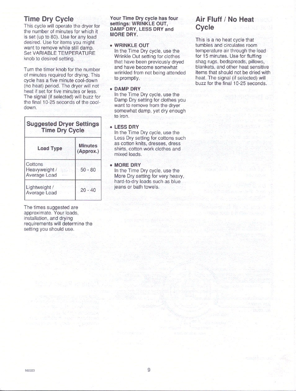 Time dry cycle, Air fluff / no heat cycle | Amana LE7163WM/LM User Manual | Page 3 / 4