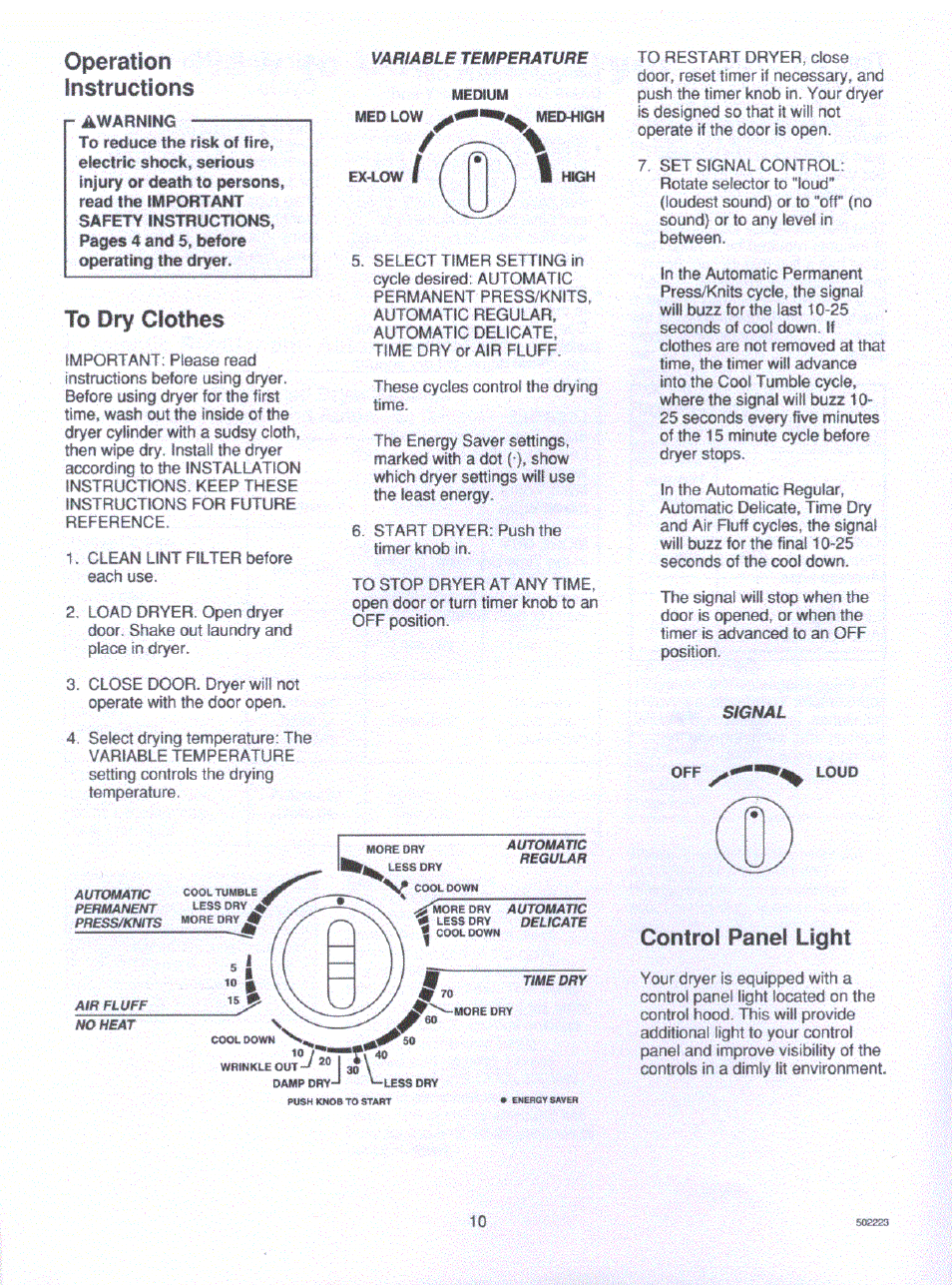 Operation, Instructions, To dry clothes | Control panel light, Operation instructions | Amana LE7163WM/LM User Manual | Page 4 / 4