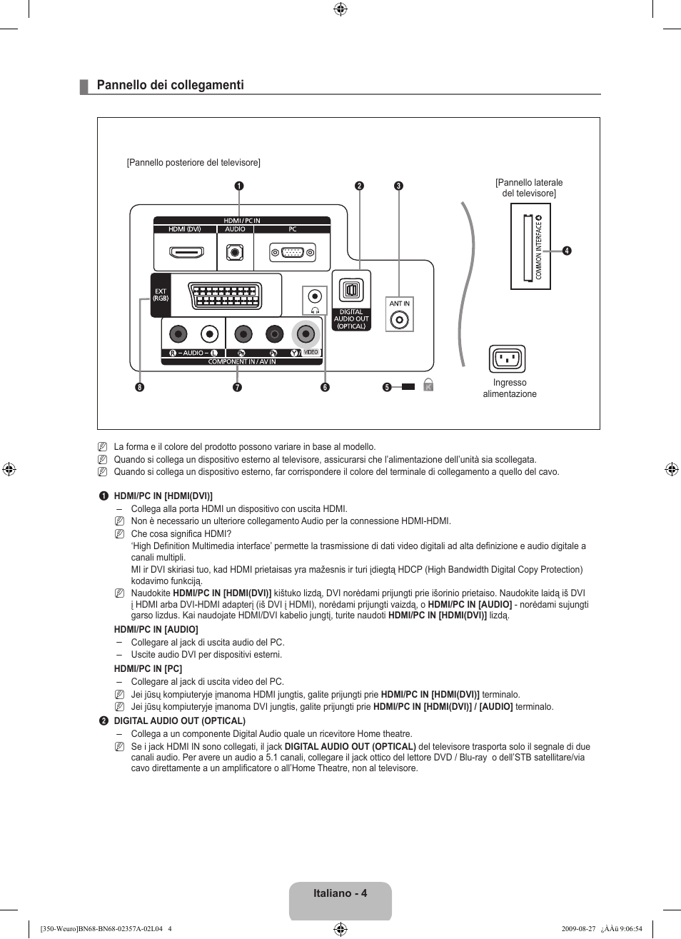 Pannello dei collegamenti | Samsung LE22B350F2W User Manual | Page 142 / 314