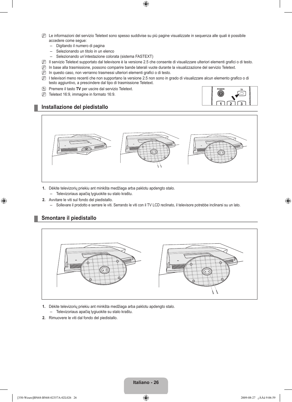 Installazione del piedistallo, Smontare il piedistallo | Samsung LE22B350F2W User Manual | Page 164 / 314