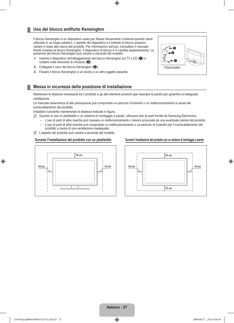 Uso del blocco antifurto kensington | Samsung LE22B350F2W User Manual | Page 165 / 314
