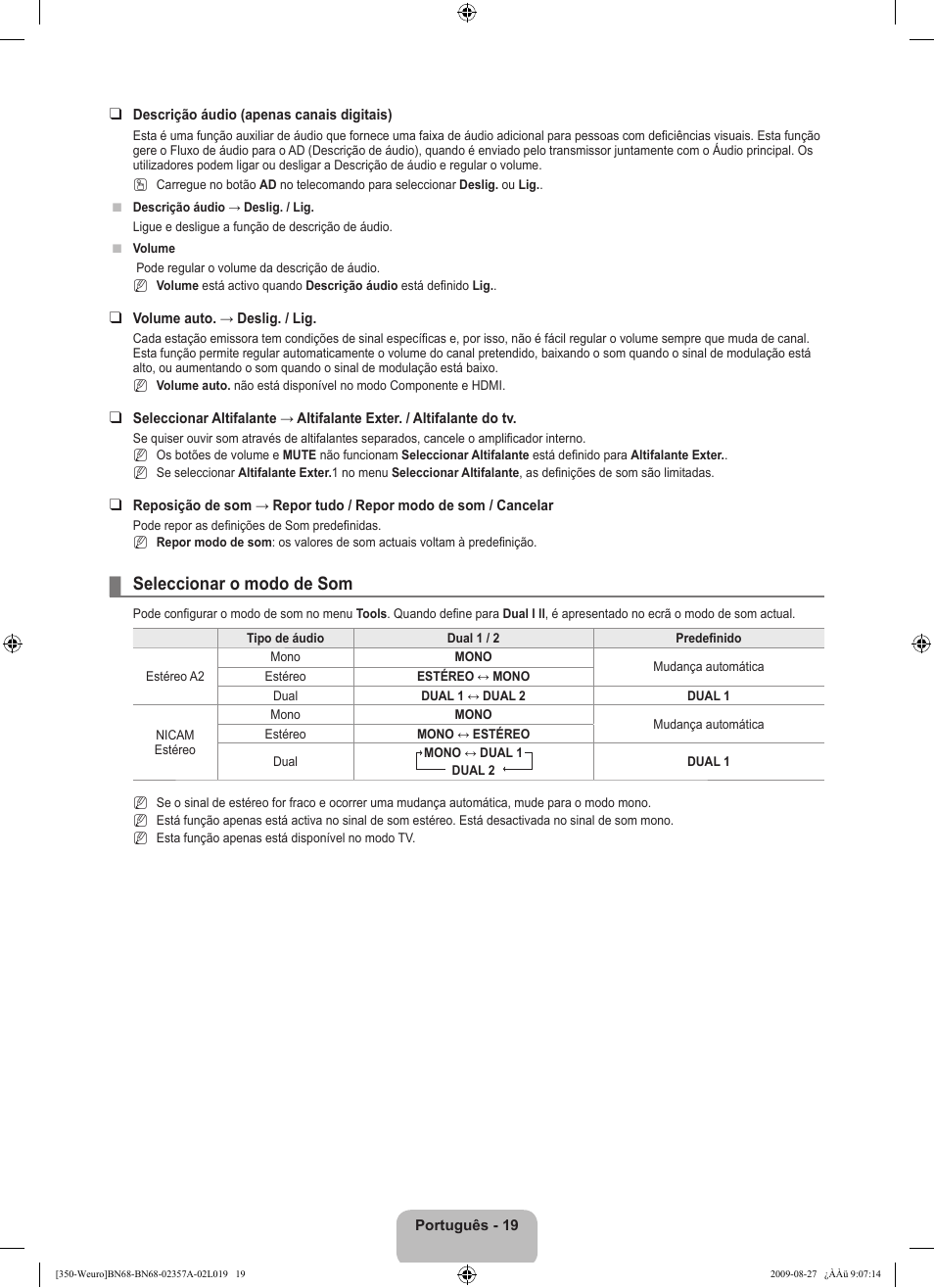 Seleccionar o modo de som | Samsung LE22B350F2W User Manual | Page 225 / 314