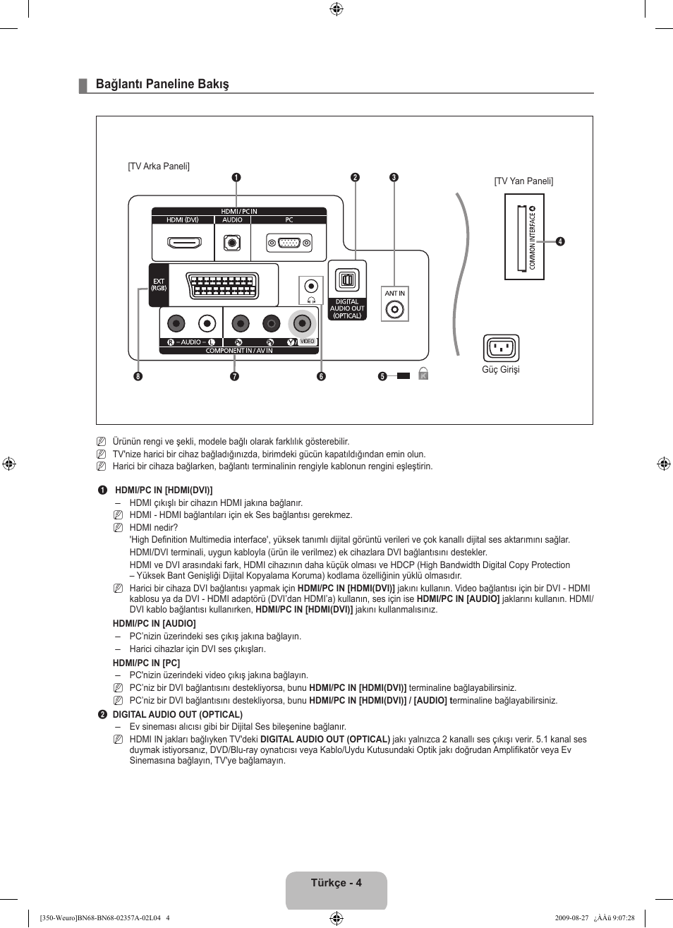 Bağlantı paneline bakış | Samsung LE22B350F2W User Manual | Page 278 / 314
